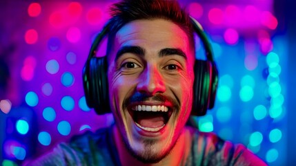 Excited young man wearing headphones in colorful neon light, expressing joy and energy during gaming or streaming.