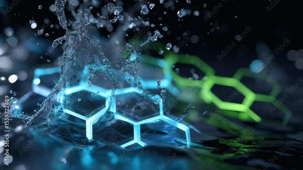 Poster a dynamic image of water splashing around a glowing blue chemical structure against a dark backgroun