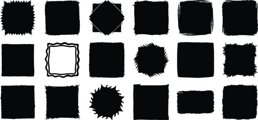 Grunge square frame set, hand-drawn vector shapes for borders, badges, backgrounds, graphic texture, and design use