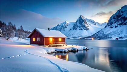Secluded Red Cabin in Snowy Mountain Landscape at Sunset