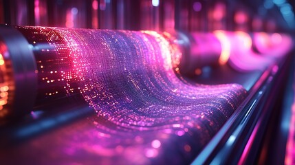Abstract Glowing Pink Textile on Rollers Conveyor Belt Manufacturing Industry