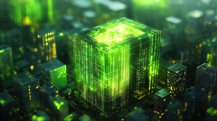 Futuristic Digital Cityscape with Glowing Green Buildings Illustration