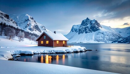 Fototapeta premium Secluded Cabin in a Snowy Mountain Landscape Winter Wonderland Photography