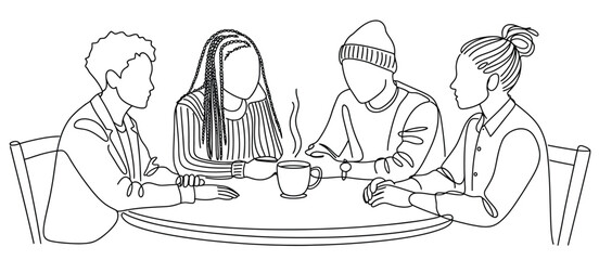 Friends Having Coffee in Cafe One Line Drawing
