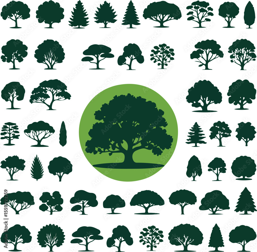 Poster diverse array of tree silhouettes showcasing varied shapes and sizes in a forest illustration concep