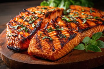 Grilled salmon fillets on a wooden board (4)