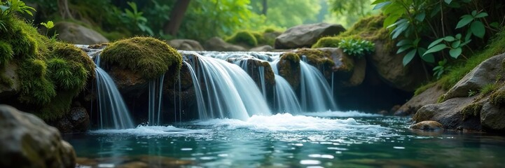 Obraz premium Serene Waterfall Cascading over Mossy Rocks Tranquil Nature Scene, Perfect for Spa, Relaxation, and Wellness Themes. Gentle Flowing Water Evokes Calmness and Peace.