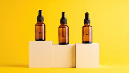 Three brown bottles on beige blocks against a yellow backdrop