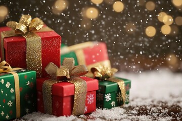 Festive 3D holiday scene with red and green present boxes, golden ribbons and snowflake overlay
