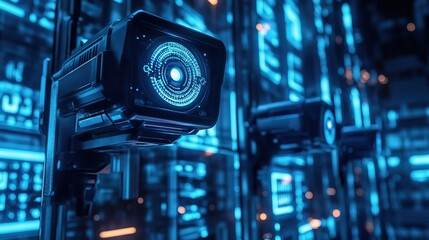 Futuristic High Tech Security Camera System in Dark Blue Abstract Style