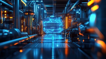 Futuristic Industrial Interior with Glowing Grid Design and Pipeline Infrastructure