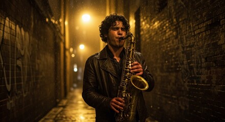 A saxophonist performing in the rain under a streetlight in a moody city alley