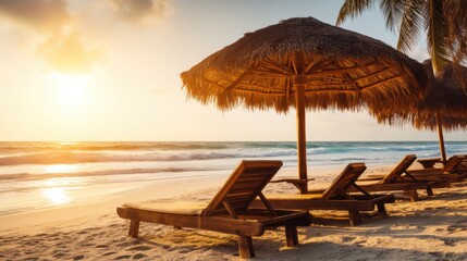 Tranquil beach sunset with golden sun, calm ocean waves, sandy shore, wooden lounge chairs, thatched straw umbrellas, swaying palm trees, serene atmosphere.