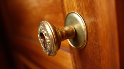 Close-up of an ornate antique brass keyhole on a warm brown wooden door with visible grain patterns, featuring a slightly tarnished round fixture and vintage design.