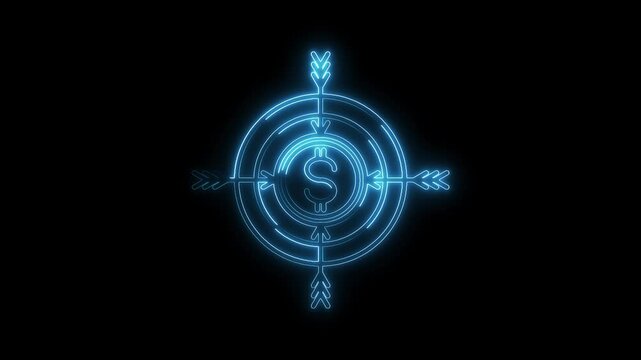 Neon target with dollar symbol animation on dark background for financial goals
