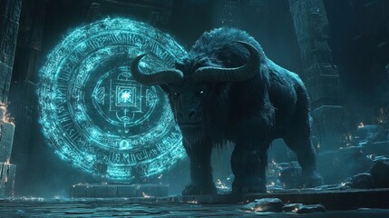 Mystical Fantasy Bull with Glowing Rune Circle Guardian in Dungeon