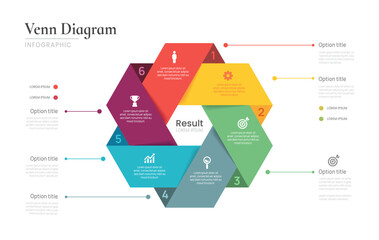 Venn diagram business infographic circle chart template 6 steps options, presentation with venn diagram elements vector illustration.