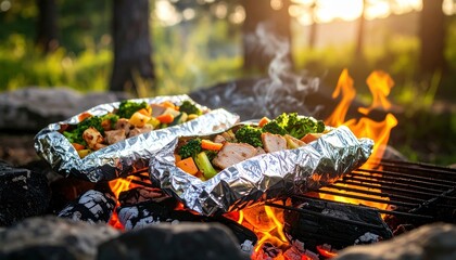 Two foil packets with cooked chicken and vegetables sit on a grill over a blazing campfire outdoors surrounded by rocks
