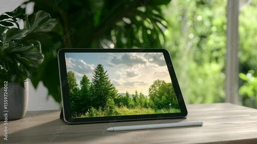 Poster a tablet displaying a scenic view of trees and clouds, placed on a wooden surface with green plants 