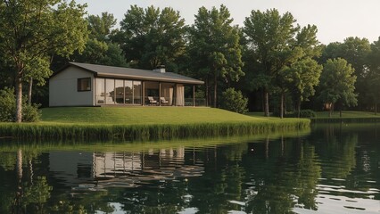 Obraz premium Elegant luxury modular home situated on the tranquil lakeshore, blending modern architectural design with natural beauty, offering serene views, comfort, sustainability 