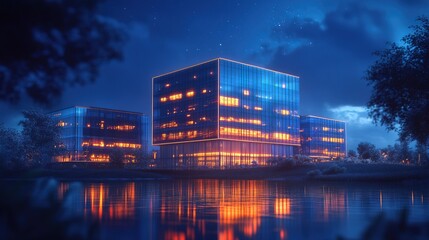 Modern Architecture Glass Building Reflection at Night Near Body of Water