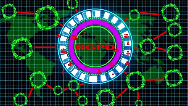Businessman presses button RGPD general data protection regulation on virtual electronic user web interface Global communication. Maps  digital technology animated background concept.4k video.