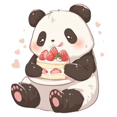 Adorable cartoon panda bear holding a strawberry shortcake surrounded by cute heart icons