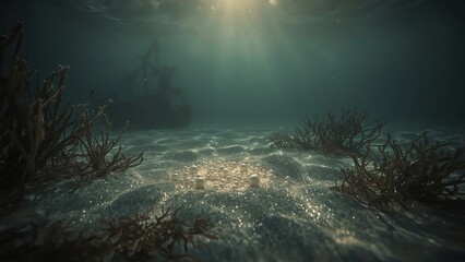 Obraz premium A radiant pearl resting inside an open shell at the bottom of the ocean, surrounded by soft sand and gentle blue light, symbolizing hidden beauty, natural treasures, and underwater serenity