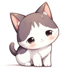 Adorable cartoon kitten with gray and white fur big eyes and a sweet smile
