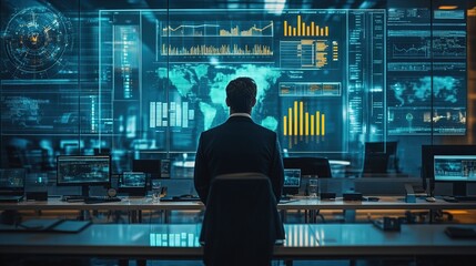 A CEO presenting a holographic chart of renewable energy profits in a futuristic eco-office  