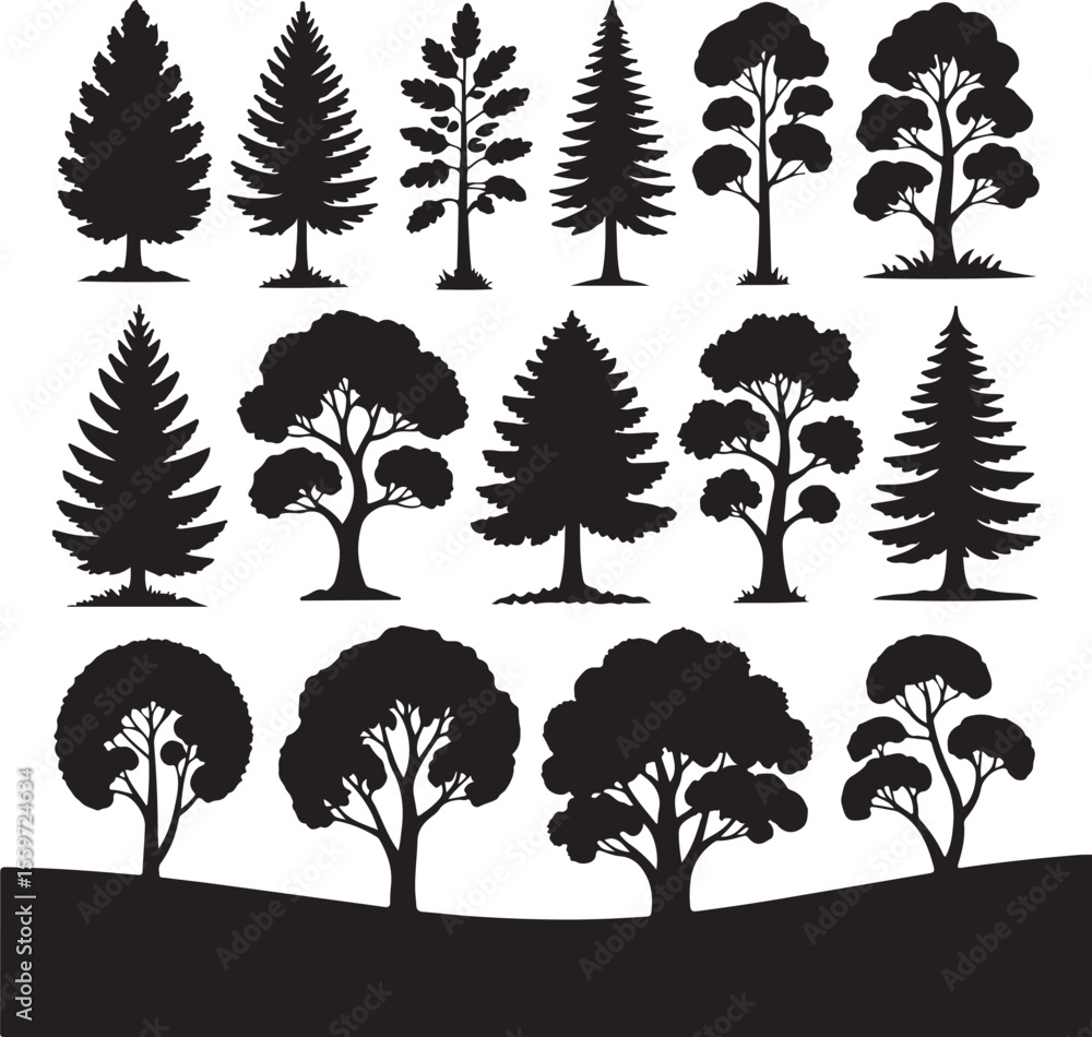 Poster elegant silhouette collection displaying a variety of tree shapes and sizes, perfect for artistic an