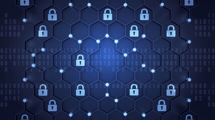 Naklejka premium Blue background with hexagons connected by lines and padlocks for security concept design