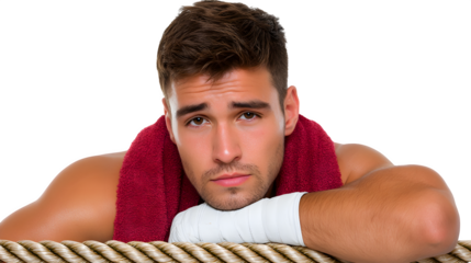 Boxer leaning against the ropes, exhausted expression, towel draped over shoulder, gloved hands down, isolated on white background, high skin texture