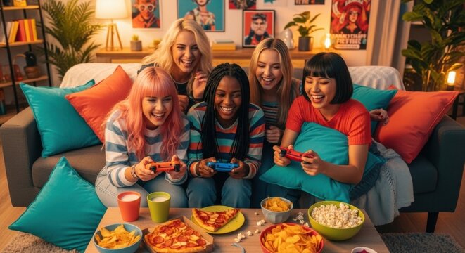 Diverse group of young women enjoying a gaming night with snacks and laughter