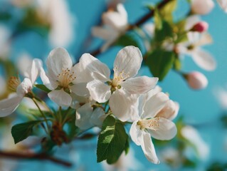 Obraz premium Apple blossom white petals green leaves and blue sky background