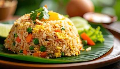 A mound of fried rice with egg yolk on a banana leaf accompanied by sliced lime cucumbers and other vegetables