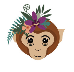 Cute monkey head with floral decoration featuring leaves and colorful flowers