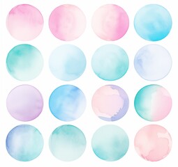 Soft pastel palette circles in shades of pink, blue, green, and purple are arranged in a neat grid, showcasing a variety of watercolor textures. This artistic composition provides a calming visual 