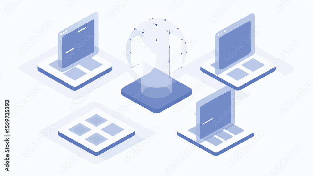 Fototapete Isometric view of laptops surrounding a central globe with connecting lines and square platforms around it