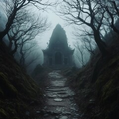 Foggy Mountain Path Leading to a Hidden Shrine Among Dead Trees