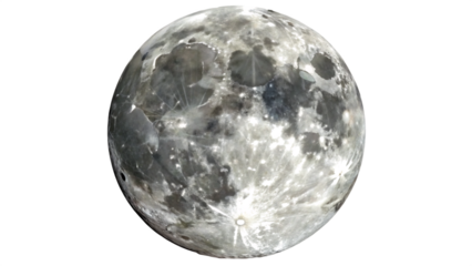 The full moon with craters isolated on transparent background, showing its detailed surface and celestial beauty