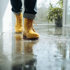 Yellow rain boots with laces reflecting in wet floor indoors