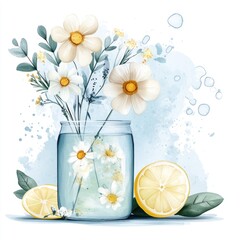 Glass of lemon water next to a vase of fresh flowers. Clipart on white background, watercolor style.