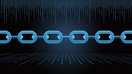 A digital chain with binary code falling from above and reflecting below on a dark background