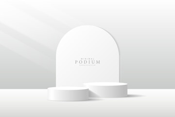3D product Minimal display stand. white color cylinder stand podium on a gray background. Abstract geometric shapes in a simple design. Fashion stage mockup scene. Studio product display stand.