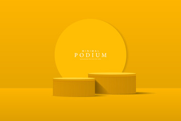 3D product Minimal display stand. yellow color cylinder stand podium on a red background. Abstract geometric shapes in a simple design. Fashion stage mockup scene. Studio product display stand.