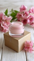 High quality photo of pink Face Cream in Glass Jar with Cardboard Box on White Wooden Background.