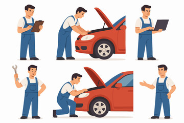 Vector Set Car mechanics repair service worker characters in white background