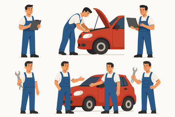 Obraz premium Vector Set Car mechanics repair service worker characters in white background