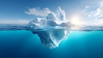 White Iceberg in clear blue water sea with sun light